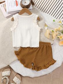 2 pezzi/Set Maglietta senza maniche con ricamo floreale e pantaloncini per bambine, outfit casual estivo