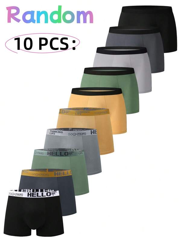 10 peças aleatórias de cuecas masculinas em várias cores, feitas de tecido macio e respirável, cós elástico confortável com letras, roupa íntima esportiva que absorve o suor e a umidade, de secagem rápida, com cós com letras que pode ser usado por muito tempo sem deixar marcas, adequado para o uso diário de todos em todas as estações