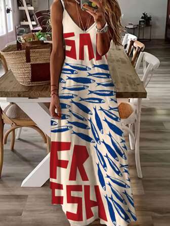 Bohemian Women's Spring And Summer Fashion Casual Elegant Holiday Style Contrast Color English Letters Latin Fish Printed Suspender Dress Vacation Outfits Women Adjustable Shoulder Strap Casual Home Style, Suitable For Many Occasions Summer Dresses For Women