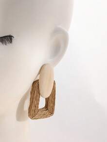 1 Pair Handmade Khaki Paper Rope Woven Hollow Geometric Exaggerated Earrings, Suitable For Vacation, Party And Daily Wear - Khaki - View 7