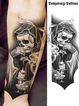 1 hoja de tatuajes temporales de calavera de Halloween para mujeres y hombres en brazos, muslos, piernas y antebrazos, tatuajes falsos realistas, impermeables y de larga duración para mangas cortas en adultos
