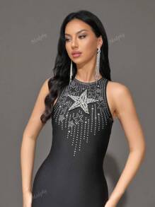 Modphy Vestido de cóctel negro sin mangas con tachuelas de moda de verano, vestido de Body ceñido y mini para mujer, vestido de fiesta