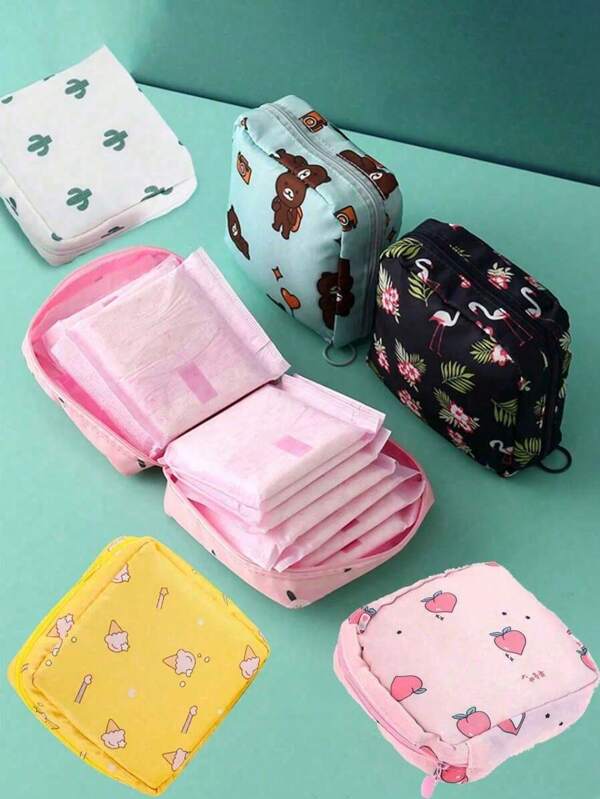 Bolsa de armazenamento de absorventes higiênicos 2/1 peça à prova d'água com desenho animado para mulheres – Bolsa portátil de grande capacidade, organizadora multifuncional de cosméticos e viagens, perfeita para absorventes internos, absorventes, batom, moedas, material escolar, estilo boho, fecho de zíper, ideal para viagens e viagens de negócios