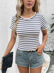 Camiseta de manga corta a rayas sencilla y versátil de moda de primavera y verano para mujer. - Gris - Ver 1