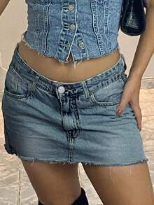 Euro-American Fashionable Y2K Spring/Summer New Casual Simple Washed Denim Skirt For Women, Slimming & Elongating - Retro Blue - View 3