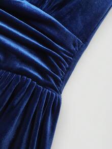 Women's Elegant Stretchy Velvet Deep V-Neck Sleeveless Ruffle Midi A-Line Dress, For Daily, Date, Party, Club