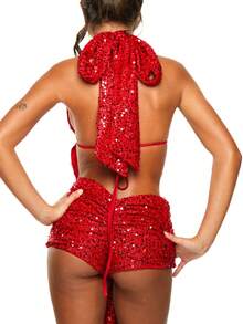 Sequin Halter Top For Women Sexy Sleeveless Deep V Neck Backless Glitter Tank Top Night Out Party Rave Outfits - Đỏ - Xem 5