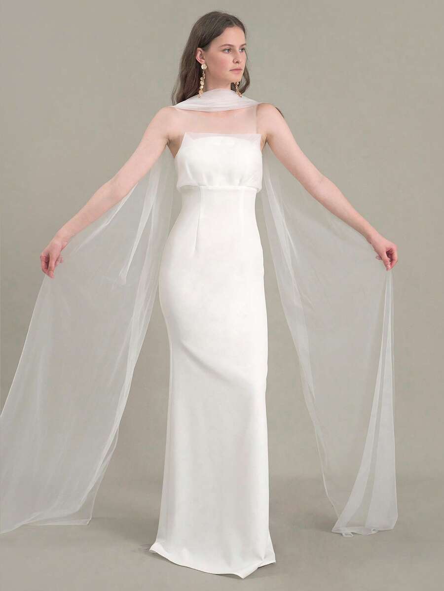 Khăn voan cô dâu dài màu trắng, kiểu khăn quàng cổ, phụ kiện váy cưới, đạo cụ chụp ảnh, dài đến sàn. - trắng - Xem 1