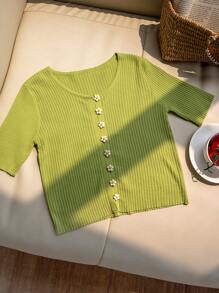 Floral Button Short Sleeve Cardigan Sweater For Women, Avocado Green Round Neck Fitted Elegant Blouse For Summer