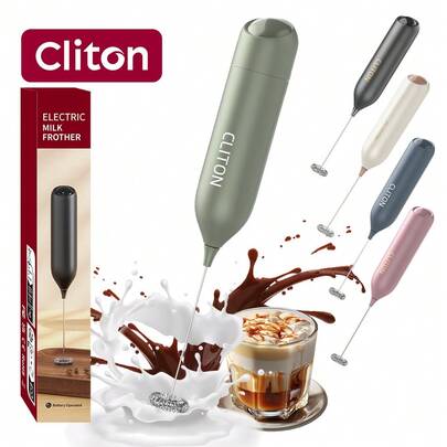 CLITON 1个强力电动奶泡器，手持式饮料搅拌器，带不锈钢搅拌棒，电池供电 - 黑色手持式咖啡奶泡器 - 适用于拿铁、卡布奇诺、奶昔、抹茶、热巧克力，电动奶泡器迷你搅拌器
