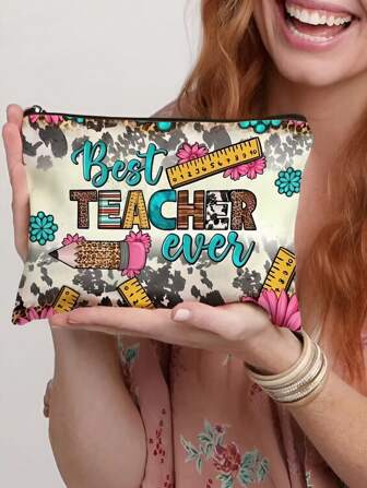 1 件教师礼物，送给最好的老师字母印花化妆包，礼品袋旅行拉链袋，轻便储物袋，零钱包，拉链手拿包，袋装化妆包化妆收纳包美容包化妆包，化妆包