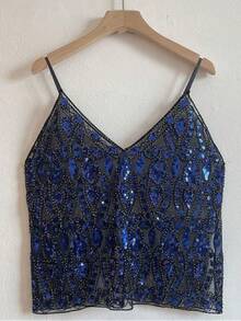 Sequin Sparkle Women Open Back Criss Cross Straps Tank Top Y2k Pearl Embellished Cami Tops Sexy Bling Glitter Rhinestone Camisole - 藍色 - 查看 3