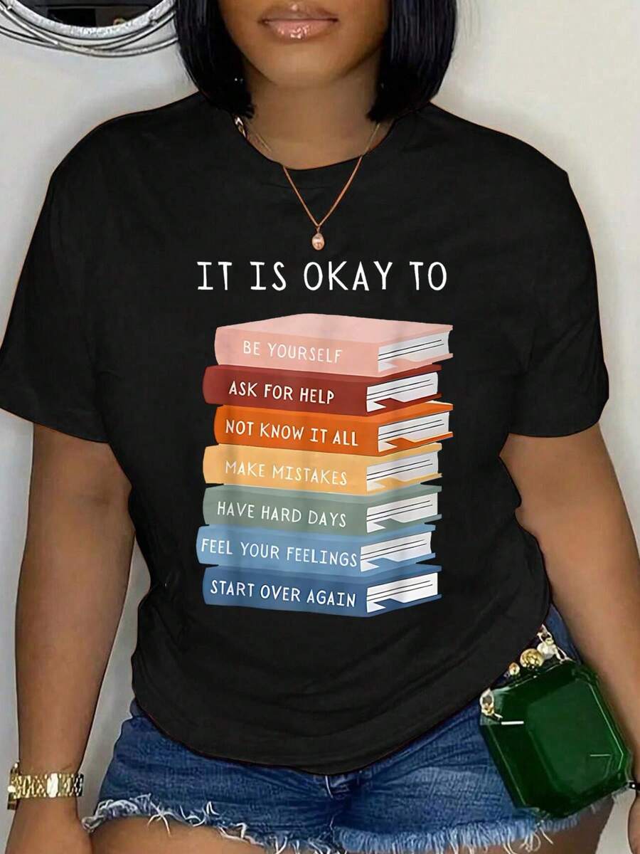 100% Cotton It Is Okay To Be Yourself Ask For Help Not Know It At All T-Shirt - 黑色 - 查看 1