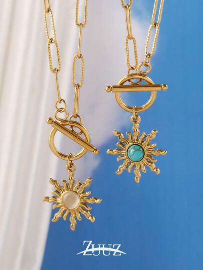 1pc Fashion Stainless Steel Necklace Round Natural Stone Sun Pendant Necklace Female Jewelry Suitable For Women's Daily Wear