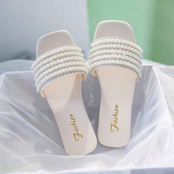 Damen Sandalen für Große Größen Studentinnen, Slip-On Flats, Sommer neu, silber, quadratische Zehenpartie, Damen Sandalen mit Strass, rutschfest, weiche Sohle, Riemchen-Slides, Mode-Kleidung zu Kleidern, geeignet für den Strand, bevorzugt von Erwachsenen Frauen