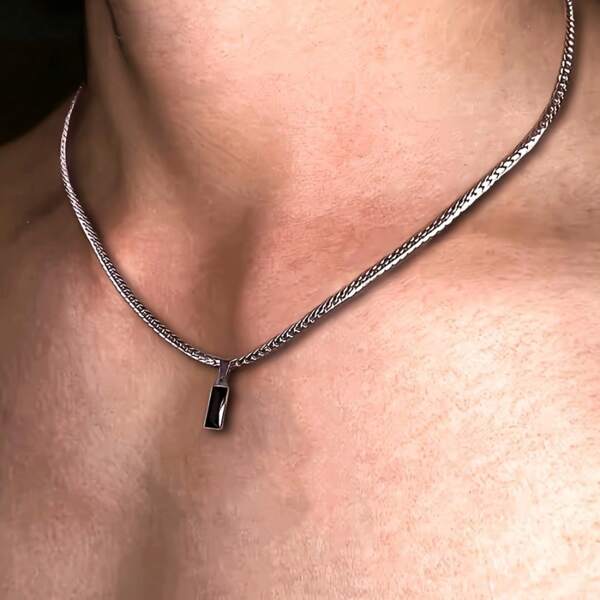 1pc Fashion Titanium Steel Necklace With Black Zirconia Pendant, Hip Hop Adjustable Chain For Men