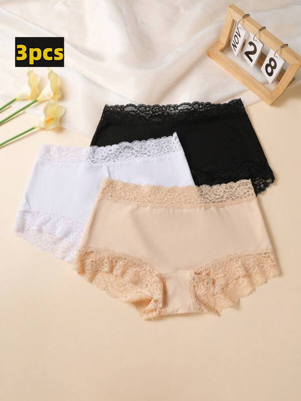 3pcs/Set Lace Mid-Waist Sexy Underwear, Solid Color, Mature Charm & Elegance, Lace Patchwork