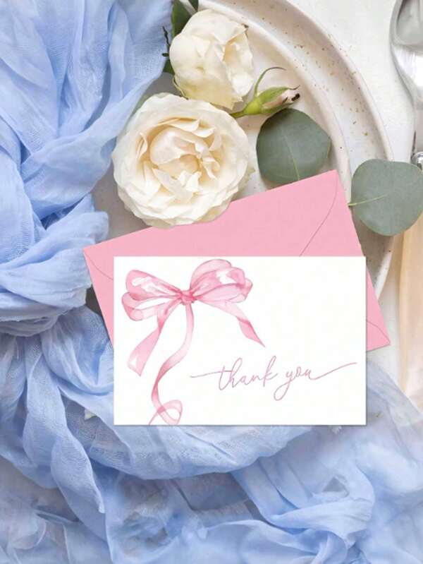 1pc Pink Bow Thank You Card With Envelope & Sticker, Watercolor Butterfly Greeting Card, Pink/Blue Blank Note Card For Party Supplies