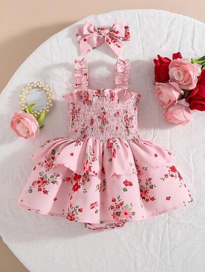 Baby Girl Ditsy Floral Ruffle Sleeveless Strap Bodysuit Bodysuit + Headband, Summer New Arrival