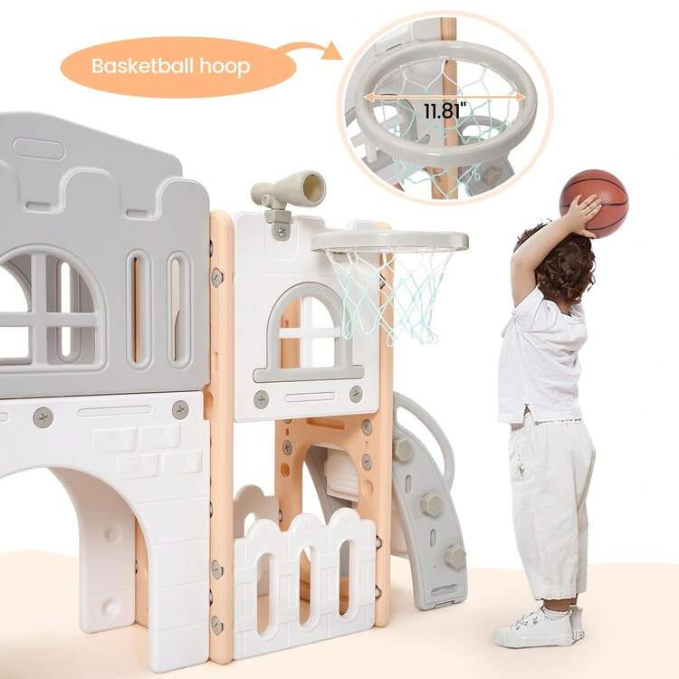 Huisuilinss Toddler Slide Set,8-In-1 Toddler Slide Playset,Indoor Toddler Playground With Slide,Kids Slide Outdoor Play Includes Basketball Hoop,Climber,Crawling Tunnel,Toy Storage For Kids Ages 1-3 - 粉灰色 - 查看 4