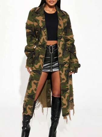 Women Casual Holed Camouflage Long Trench Coat