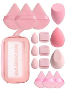 16件套化妆海绵套装，包含3个普通化妆海绵、3个迷你化妆海绵、3个粉扑、3个迷你粉扑、3个迷你指套气垫粉扑和1个化妆包，采用超柔软天鹅绒材质。适用于化妆、家居装饰、梳妆台、旅行、卧室等场合。也可用于化妆配件、粉扑、美妆蛋、粉扑、化妆海绵等。价格实惠，是圣诞礼物、礼物、女士礼物、圣诞礼物的理想之选。