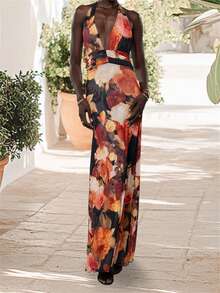 Women Long Dress, Sleeveless Halter Dress Backless Flower/Dots Print Summer Cocktail Dress - Nhiều màu - Xem 2
