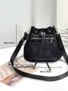 Compact Camouflage Bucket Bag - Fashionable Drawstring Design For Women - Versatile & Secure Shoulder Style, Classic Chic. - Black - View 7