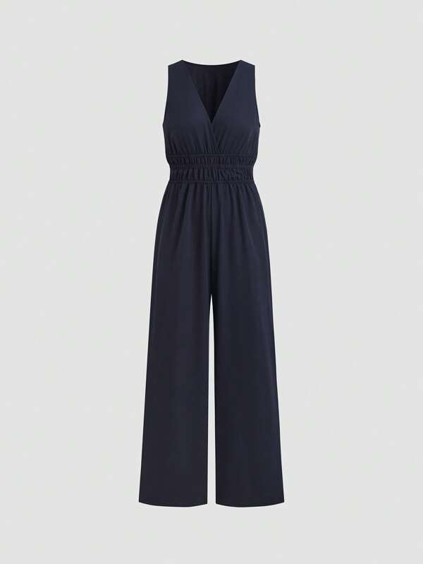 Fashionable V-Neck Jumpsuit, Solid Color, Suitable For Summer