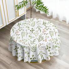 1pc Green Leaf Print Geometric Pattern Tablecloth, Modern Polyester Rectangular & Round Waterproof Tablecloth, Digital Printing Suitable For Living Room, Outdoor Dining, Small Round Table