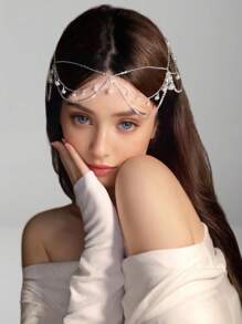 1pc Silver Pearl & Cubic Zirconia Claw Chain Tassel Headchain, Minimalist & Elegant Style Bridal Hair Accessory