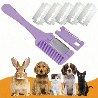 1 Pieza Peine Rasuradora para Mascotas con 10 Cuchillas de Repuesto, Recortadora de Pelo de Perro y Gato 2 en 1, Peine de Corte Doble Cara de Material PP Adecuado para Diversas Razas, Herramienta de Recorte para Eliminación y Adelgazamiento del Cabello