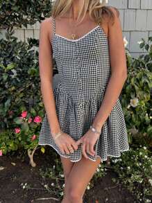 Women's Summer Plaid Cami Dress Sleeveless Open Back Button Spaghetti Strap Dress