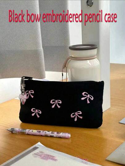 1个黑色蝴蝶刺绣铅笔盒，大容量拉链铅笔袋，无蝴蝶吊坠[办公学习用品] 返校季，返校季，学习用品，铅笔袋，书包，文具