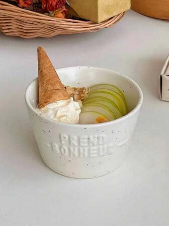 1 pieza Cuenco cerámico pequeño con diseño de letras salpicadas en beige, lindo cuenco de vajilla para postres, frutas, avena, desayuno, adecuado para el hogar, restaurante, cafetería