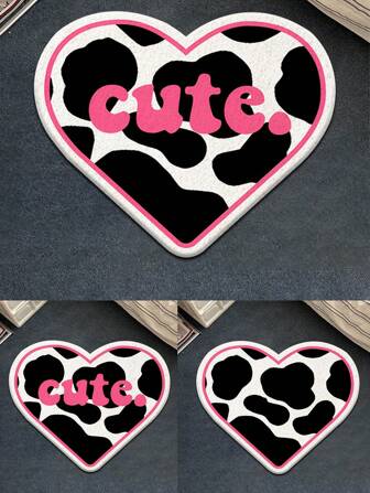 1PC Imitation Cashmere Cow Pattern Mat, Heart-Shaped Decorative Carpet, Thick Plush Bedside Blanket, Bathroom Door Absorbent Anti Slip Floor Mat, Suitable For Use In Bedrooms And Bathrooms