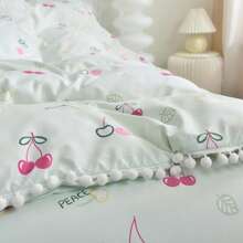 Juego de ropa de cama con estampado de cerezas de la serie Campus con borlas bordadas (1 * Funda nórdica + 2 * Fundas de almohada, sin relleno), juego de ropa de cama suave y cómoda con impresión digital adecuado para dormitorio, habitación de invitados, hotel, dormitorio, tamaño king, queen, twin