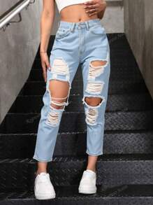 1 pieza pantalon de mom,rigido con rotos para mujer
