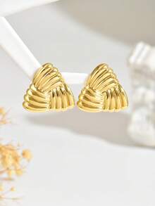 VceTd 1 Pair Minimalist Elegant Geometric Woven Texture Stainless Steel Stud Earrings, Suitable For Women's Daily Wear, Party Attire, Jewelry Gift For Holidays - Yellow Gold - View 4