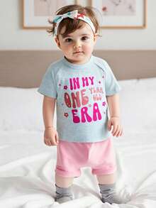 Baby Girl 1st Birthday Outfit Letter Print Short Sleeve Round Neck Tops With Solid Color Shorts 2Pcs Set - Grey - View 4