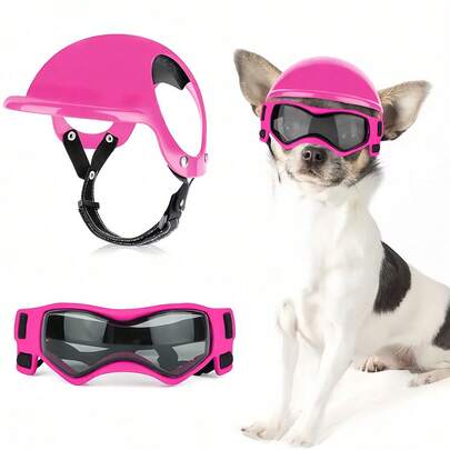 宠物头盔和防紫外线护目镜套装 - 防风宠物帽和宠物太阳镜组合，户外摩托车头盔帽和眼镜配件，适用于狗和猫