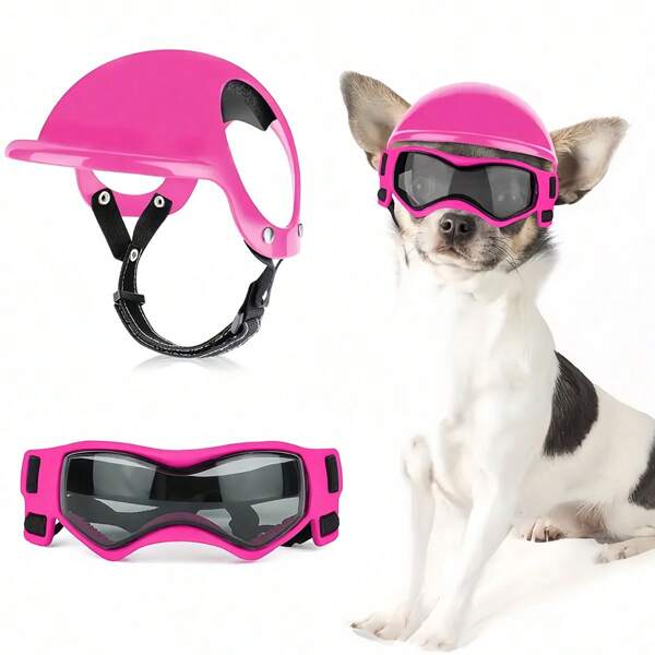 Set aus Haustier-Helm & UV-Schutzbrille - Windabweisende Haustier-Mütze und Haustier-Sonnenbrille Kombination, Motorrad-Sicherheitshelm und Brillen Zubehör für den Außenbereich für Hunde und Katzen
