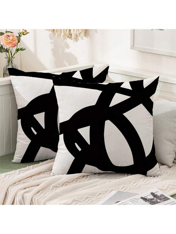 2pcs Modern Abstract Geometric Art Cushion Covers - Black & White, Zip Closure, Polyester - Perfect For Living Room, Bedroom, Car, Dorm Decor (No Insert)