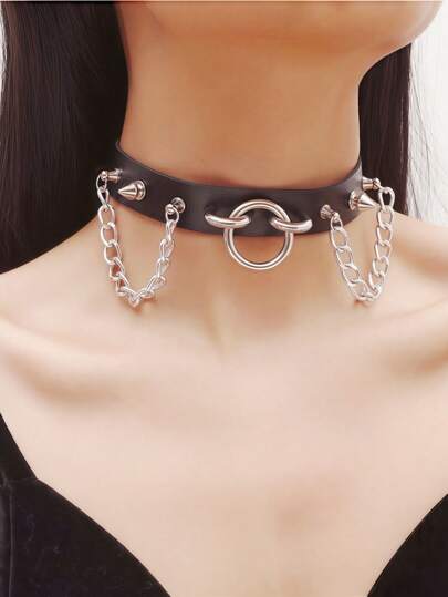 1 Solid Color PU Leather Cyberpunk Y2K Millennial Style Adjustable Collar For Women, Aluminum Chain Metal Ring Pendant Neck Ring, Dark Gothic Style Accessories.