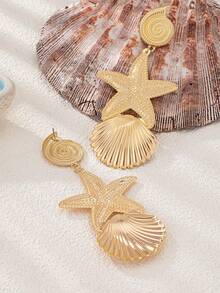 2pcs Fashion Starfish Shell Snail Type Earrings Suitable For Women, Resort Party Wear - Yellow Gold - View 3