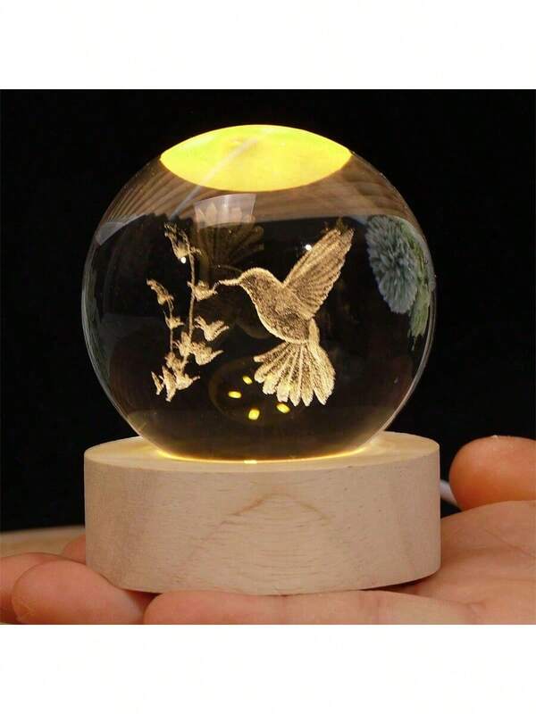 1pc Creative Beige Desk Decoration For Office & Study, With Round Wooden Base And Hummingbird Crystal Ball, Gift For Friends