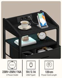 Hzuaneri Bedside Table With LED Lights And Charging Station, Side Table With 3 Fabric Drawers And Shelves, With USB Ports & Sockets, For Bedroom, Living Room - Black - View 4