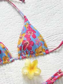 女士性感沙滩泳装亮色花卉印花迷你罩杯三角比基尼可爱度假女孩泳衣 - 彩色 - 查看 3