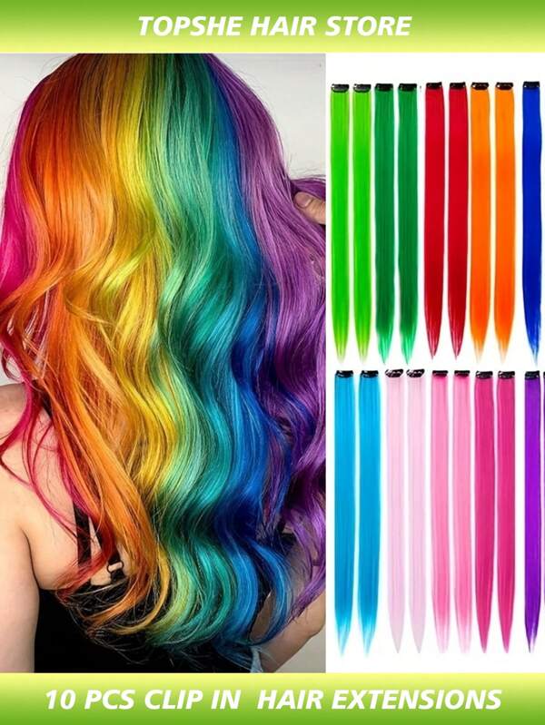 10 PCS 22 Inches Colored Hair Extensions Perfect For Coachella Music Festival Clip In Hair Extensions Rainbow Multi Colors Party Highlight Long Straight Synthetic Hairpiece For Women Gifts Halloween Party