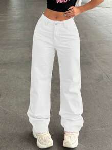 Women Casual Plain Color Water-Washed Wide Leg Denim Jeans For Daily Wear